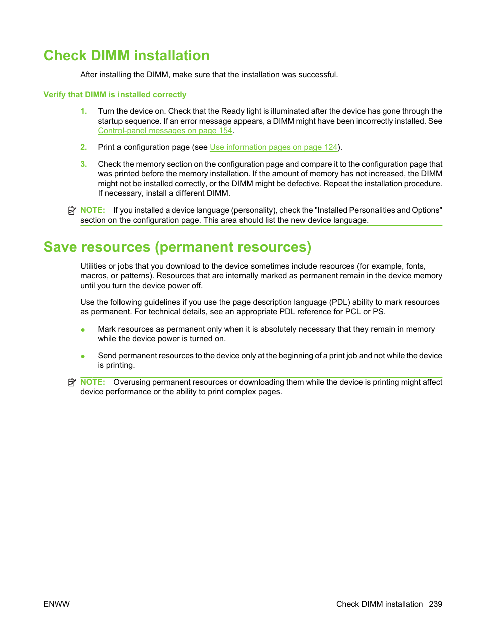 Check dimm installation, Save resources (permanent resources) | HP LaserJet M3027 Multifunction Printer series User Manual | Page 251 / 270