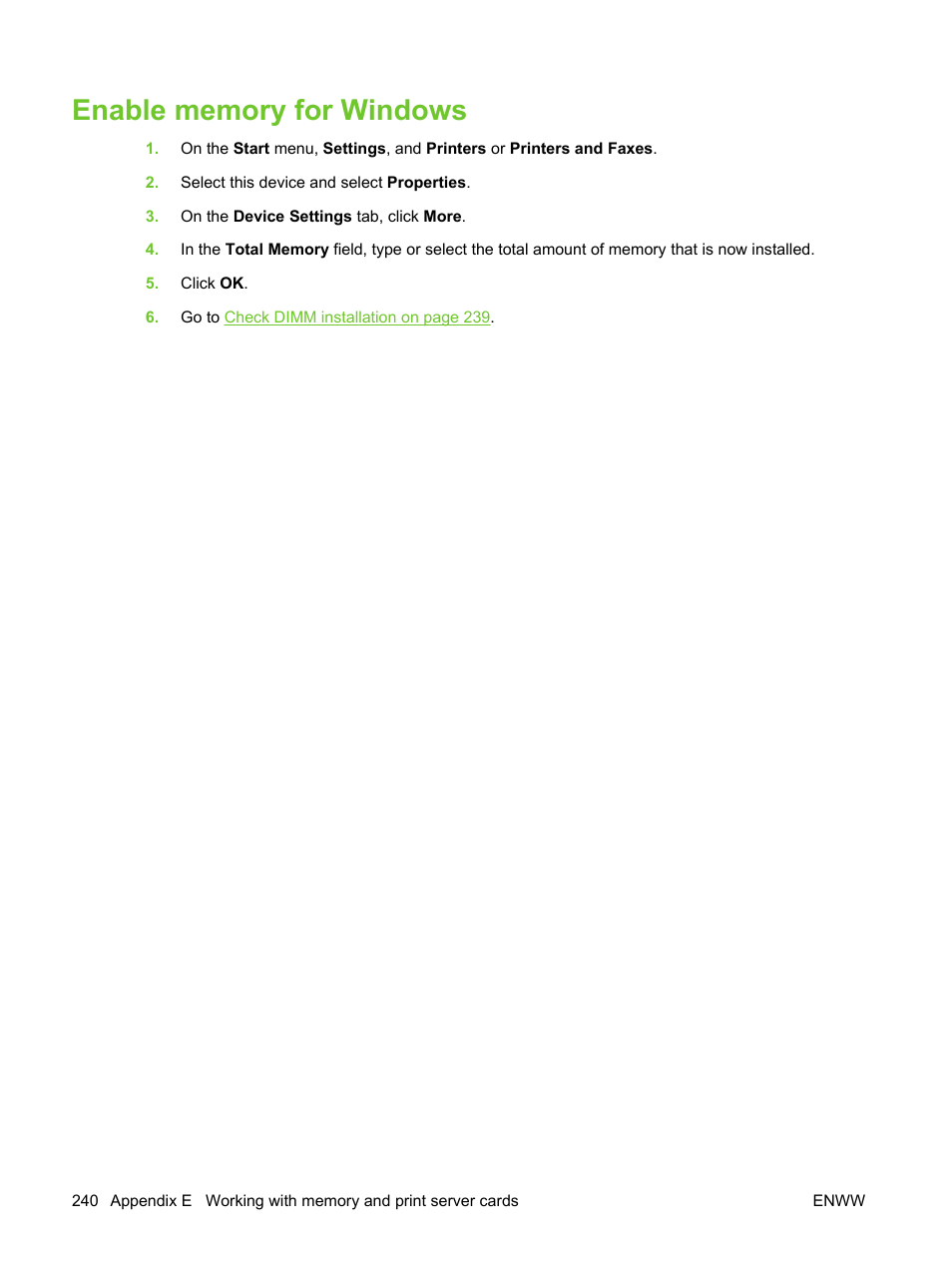 Enable memory for windows | HP LaserJet M3027 Multifunction Printer series User Manual | Page 252 / 270