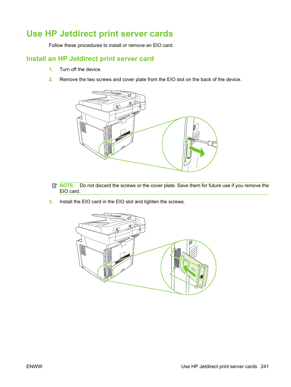Use hp jetdirect print server cards, Install an hp jetdirect print server card | HP LaserJet M3027 Multifunction Printer series User Manual | Page 253 / 270