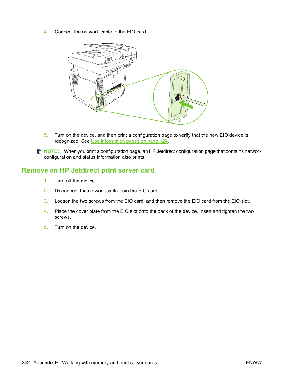 Remove an hp jetdirect print server card | HP LaserJet M3027 Multifunction Printer series User Manual | Page 254 / 270