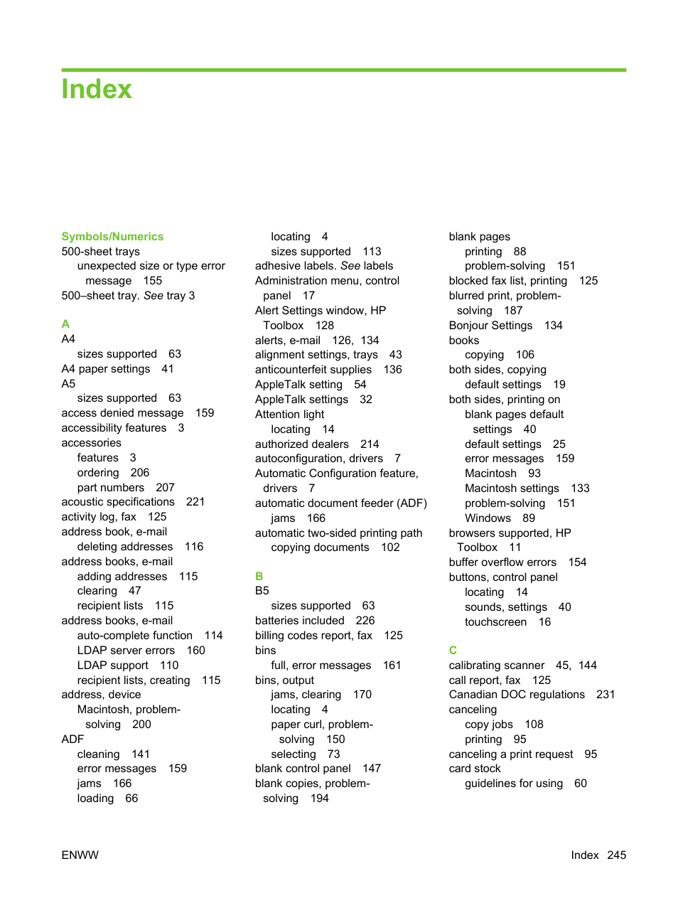 Index | HP LaserJet M3027 Multifunction Printer series User Manual | Page 257 / 270
