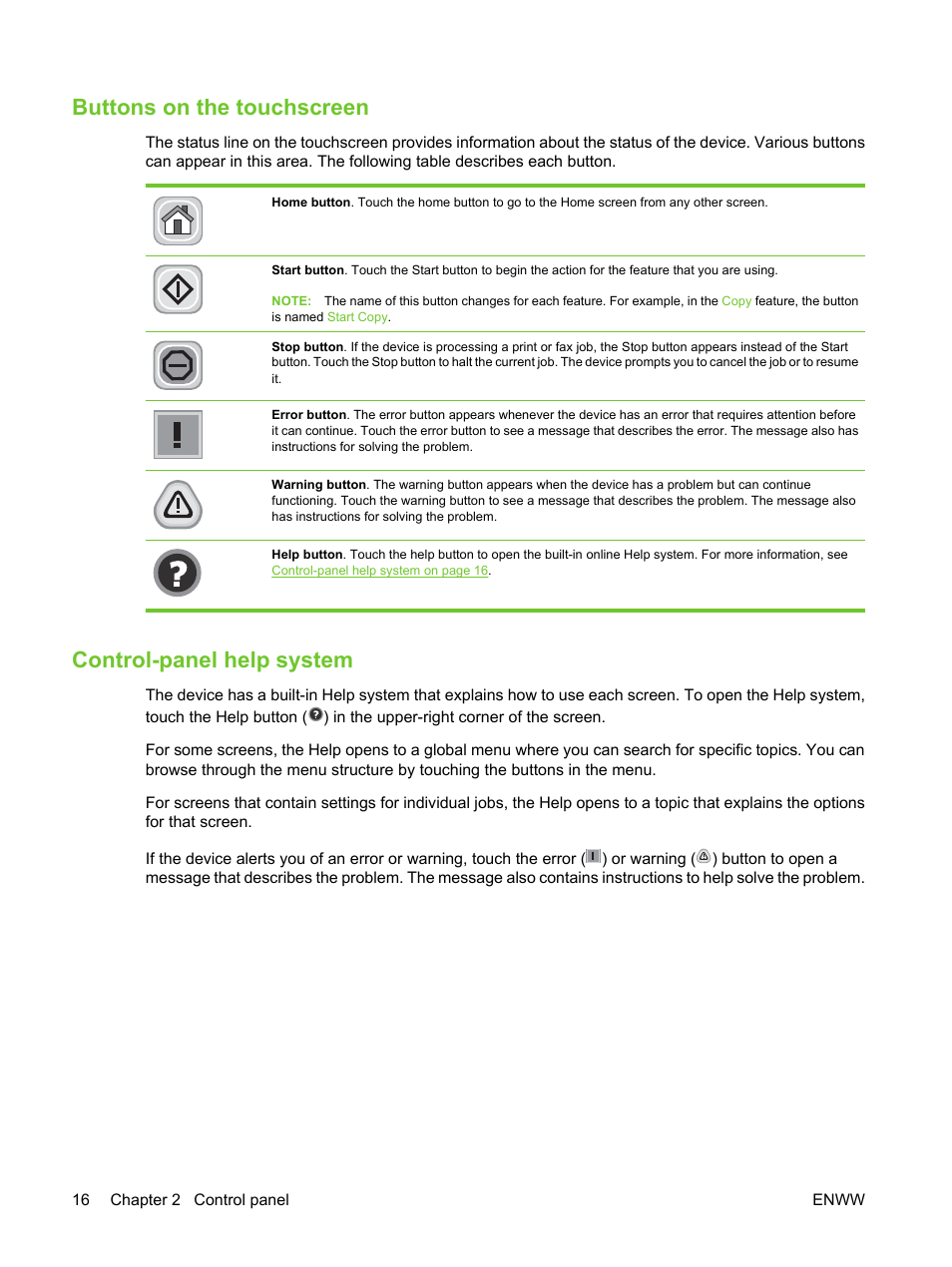 Buttons on the touchscreen, Control-panel help system | HP LaserJet M3027 Multifunction Printer series User Manual | Page 28 / 270