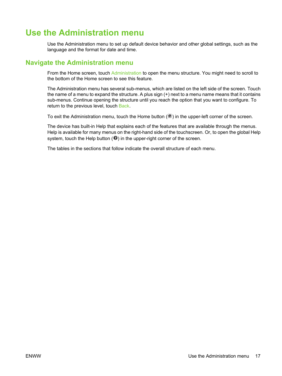 Use the administration menu, Navigate the administration menu | HP LaserJet M3027 Multifunction Printer series User Manual | Page 29 / 270
