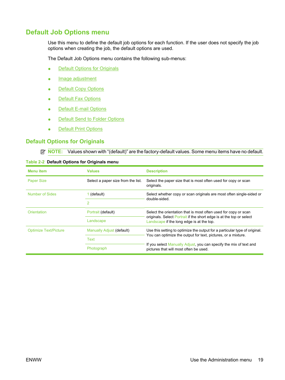 Default job options menu, Default options for originals | HP LaserJet M3027 Multifunction Printer series User Manual | Page 31 / 270
