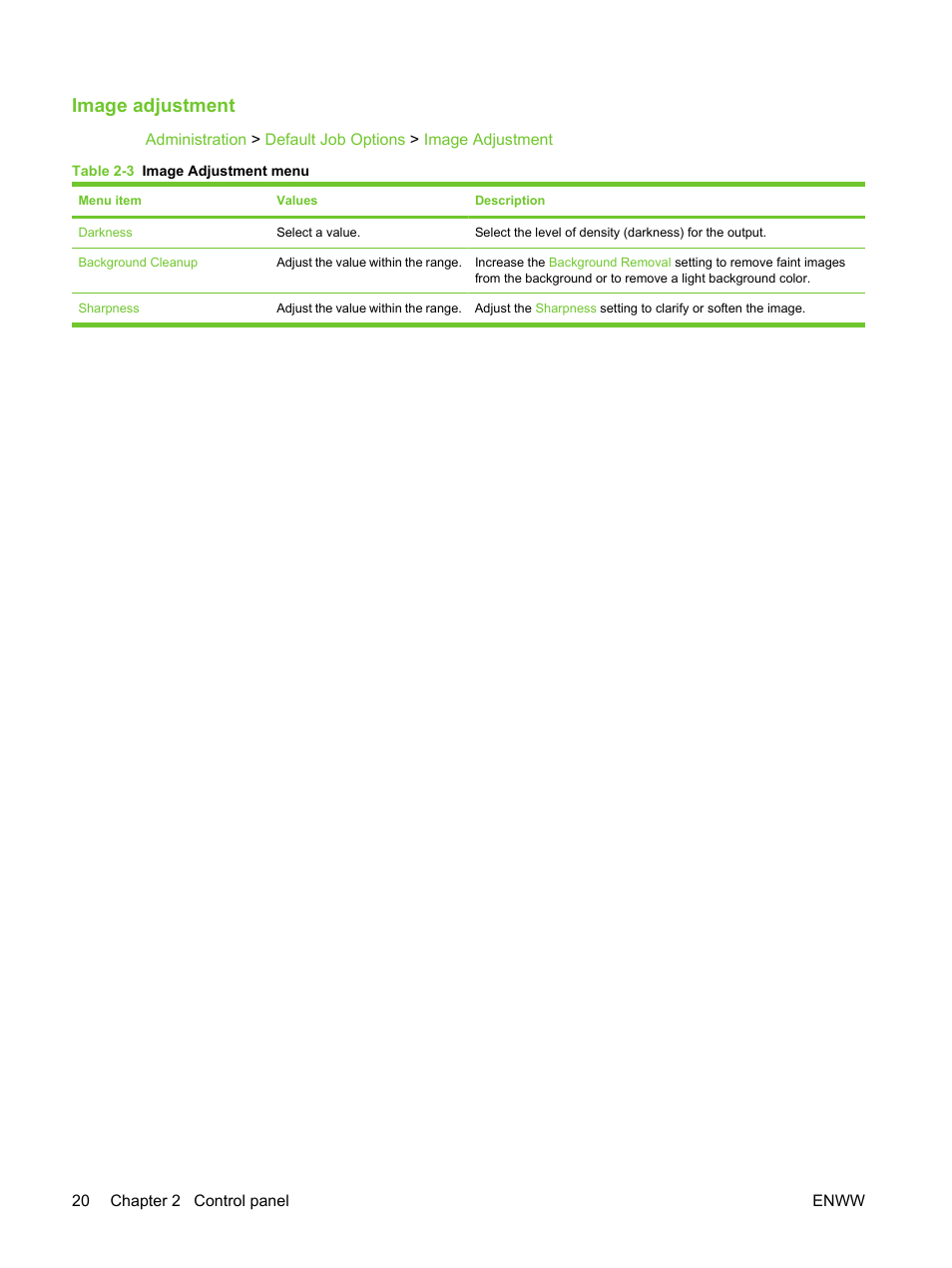 Image adjustment | HP LaserJet M3027 Multifunction Printer series User Manual | Page 32 / 270