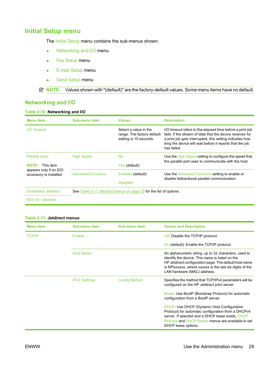 Initial setup menu, Networking and i/o | HP LaserJet M3027 Multifunction Printer series User Manual | Page 41 / 270