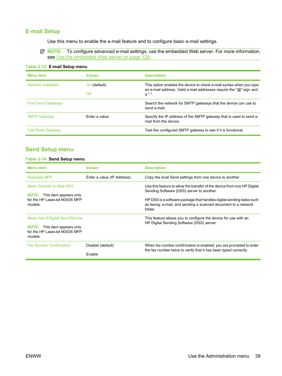 E-mail setup, Send setup menu, E-mail setup send setup menu | HP LaserJet M3027 Multifunction Printer series User Manual | Page 51 / 270