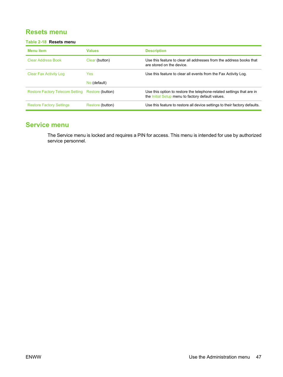 Resets menu, Service menu, Resets menu service menu | HP LaserJet M3027 Multifunction Printer series User Manual | Page 59 / 270