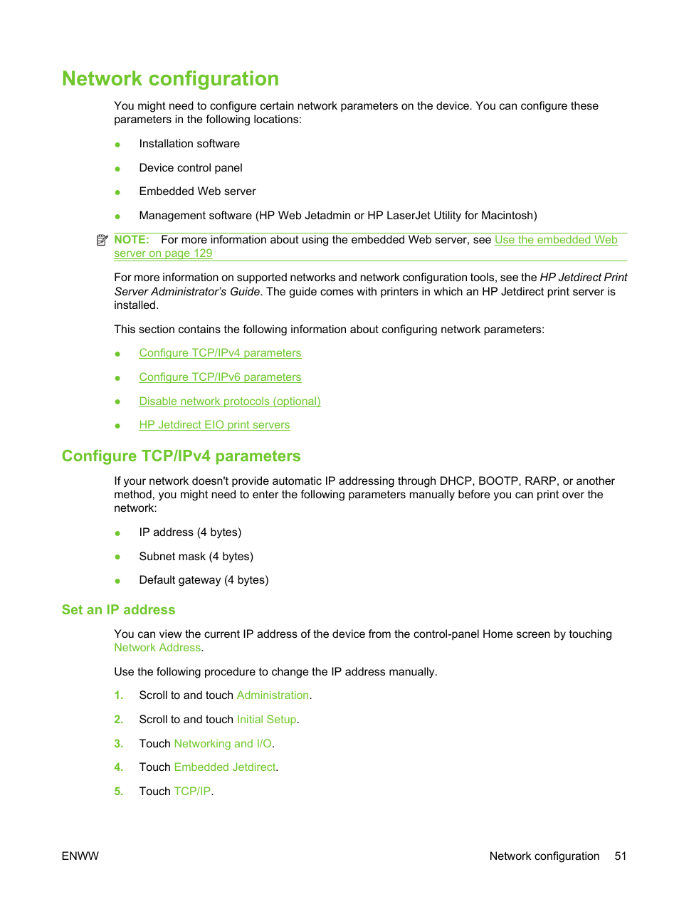 Network configuration, Configure tcp/ipv4 parameters, Set an ip address | HP LaserJet M3027 Multifunction Printer series User Manual | Page 63 / 270