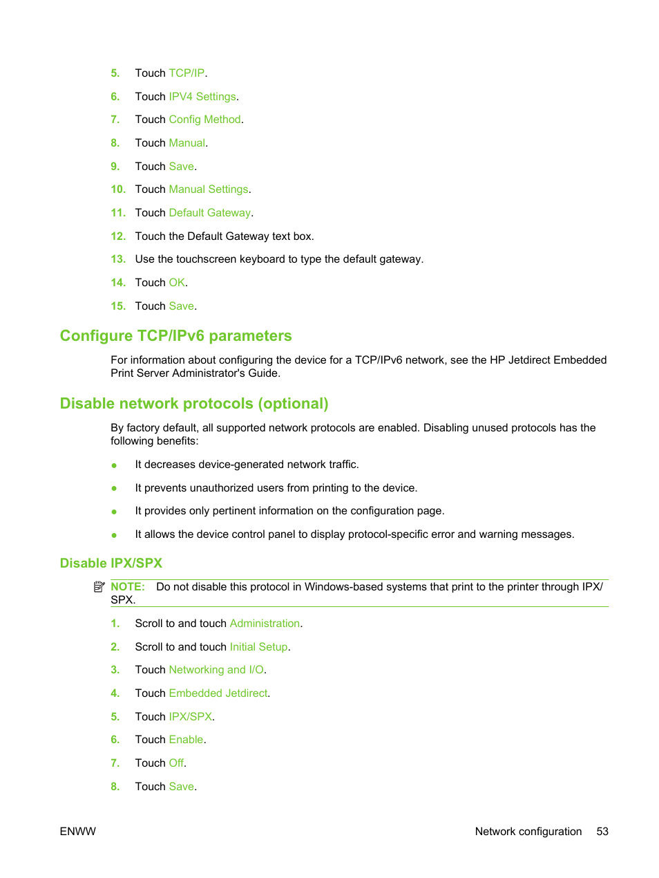 Configure tcp/ipv6 parameters, Disable network protocols (optional), Disable ipx/spx | HP LaserJet M3027 Multifunction Printer series User Manual | Page 65 / 270