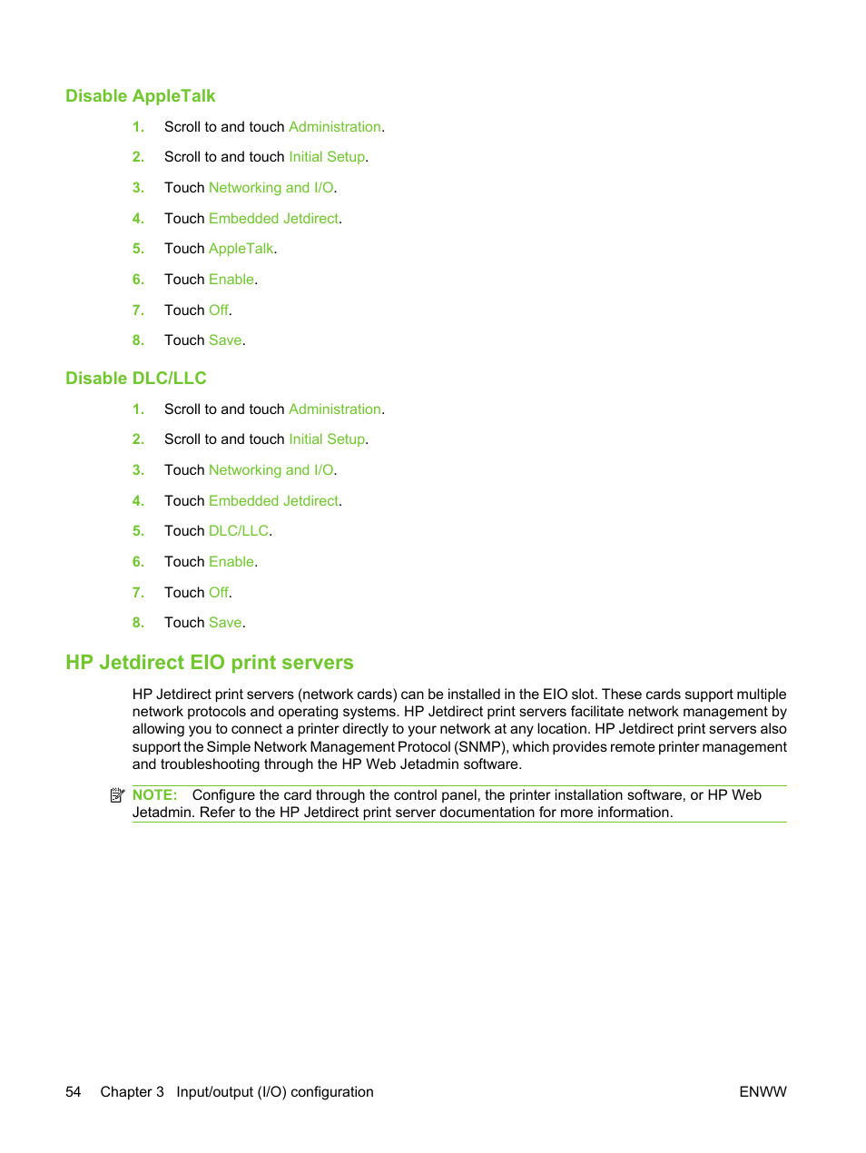 Disable appletalk, Disable dlc/llc, Hp jetdirect eio print servers | Disable appletalk disable dlc/llc | HP LaserJet M3027 Multifunction Printer series User Manual | Page 66 / 270