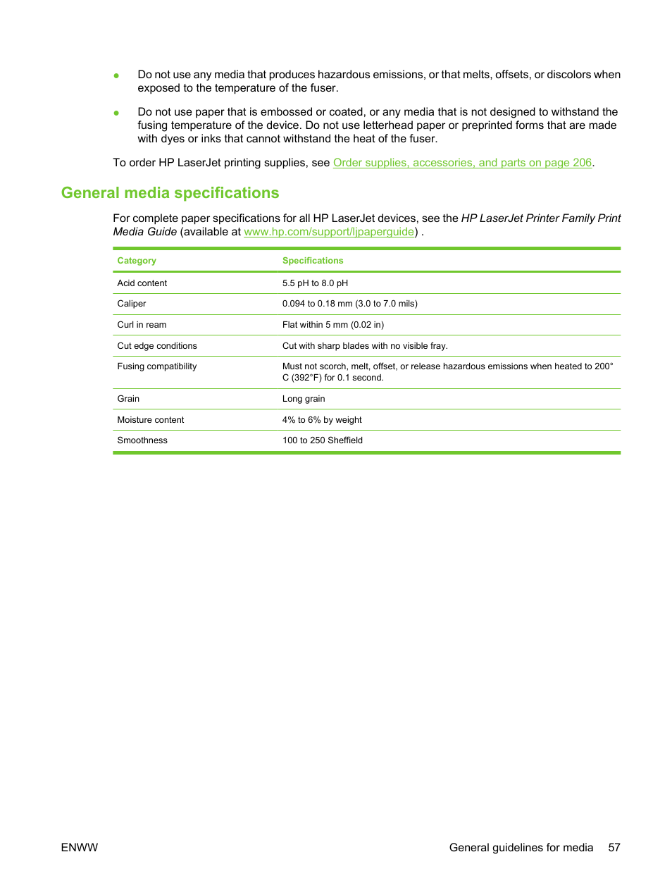 General media specifications | HP LaserJet M3027 Multifunction Printer series User Manual | Page 69 / 270