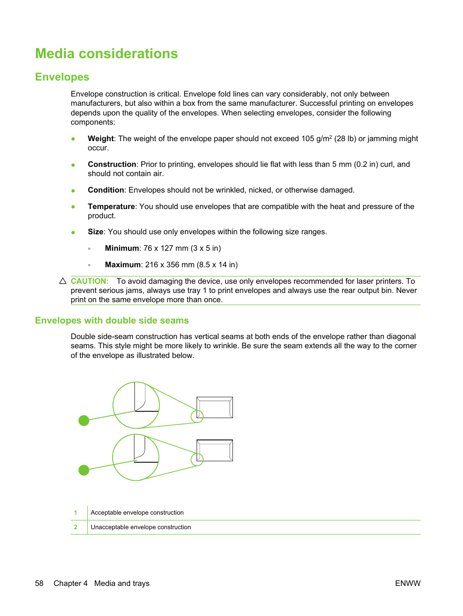 Media considerations, Envelopes, Envelopes with double side seams | HP LaserJet M3027 Multifunction Printer series User Manual | Page 70 / 270