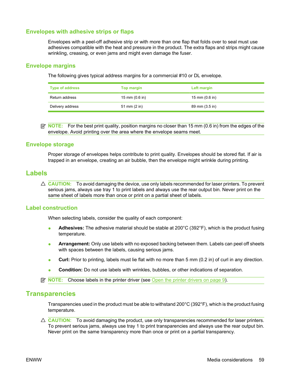 Envelopes with adhesive strips or flaps, Envelope margins, Envelope storage | Labels, Label construction, Transparencies | HP LaserJet M3027 Multifunction Printer series User Manual | Page 71 / 270