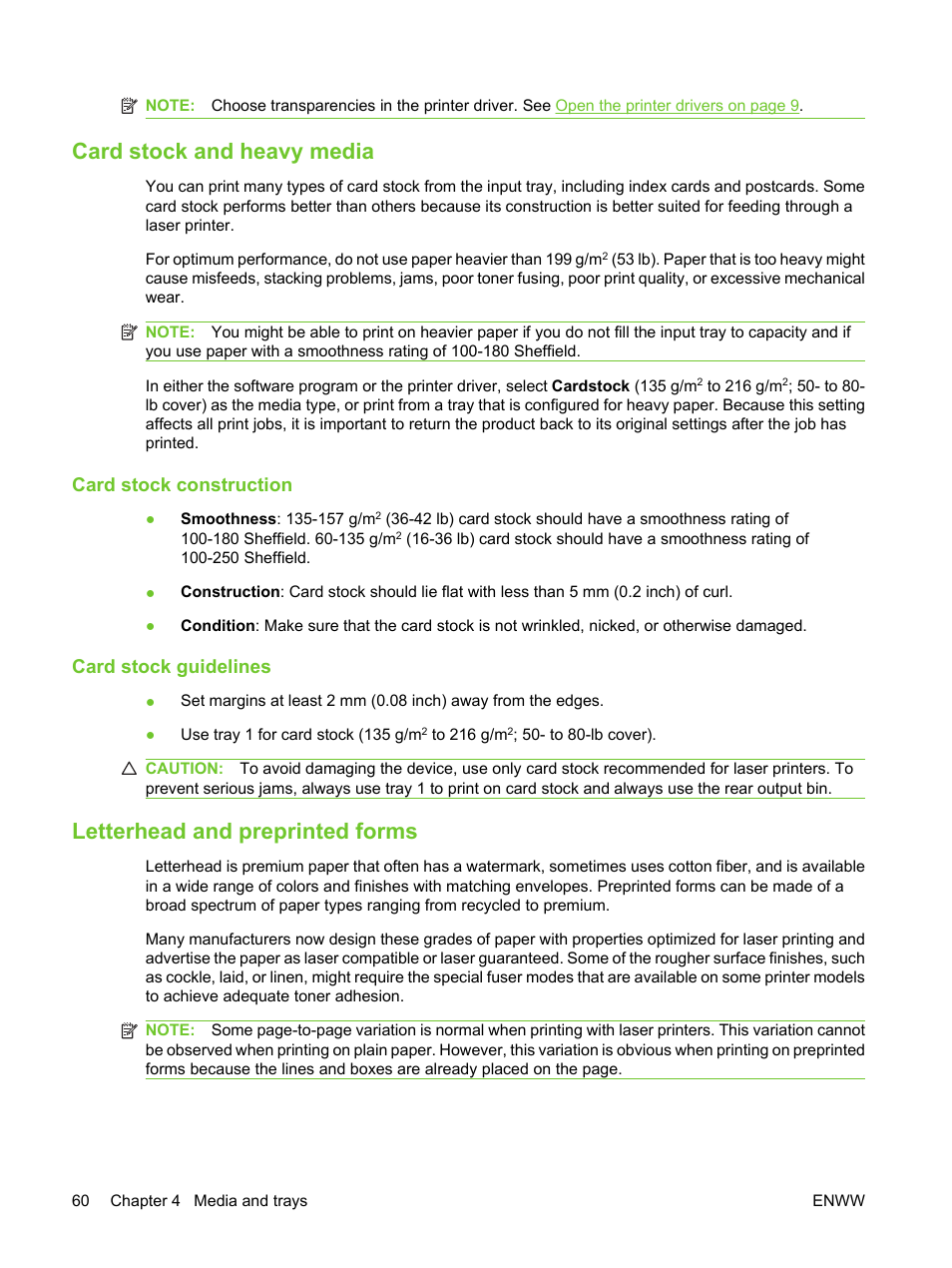 Card stock and heavy media, Card stock construction, Card stock guidelines | Letterhead and preprinted forms, Card stock construction card stock guidelines | HP LaserJet M3027 Multifunction Printer series User Manual | Page 72 / 270