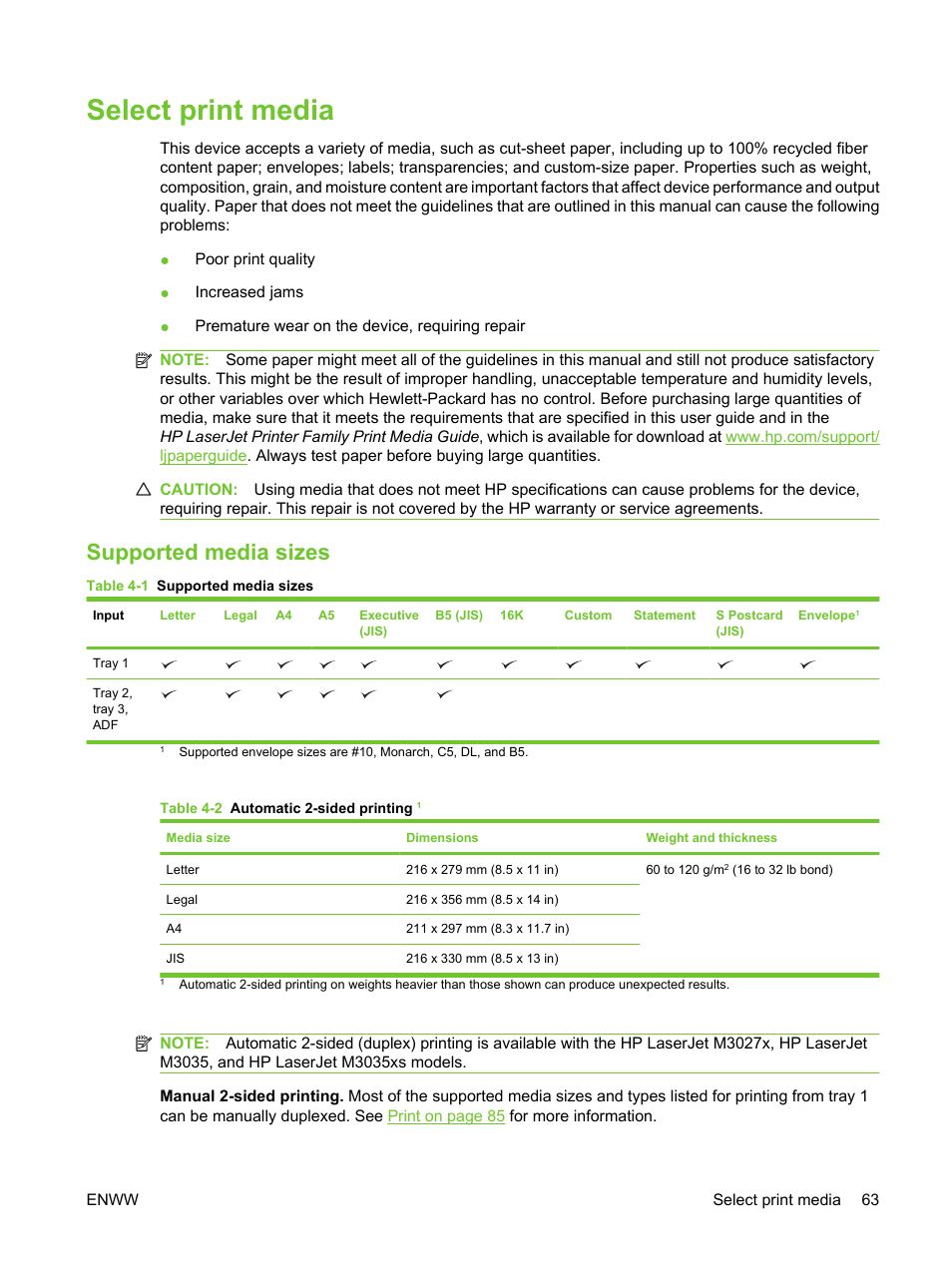Select print media, Supported media sizes | HP LaserJet M3027 Multifunction Printer series User Manual | Page 75 / 270