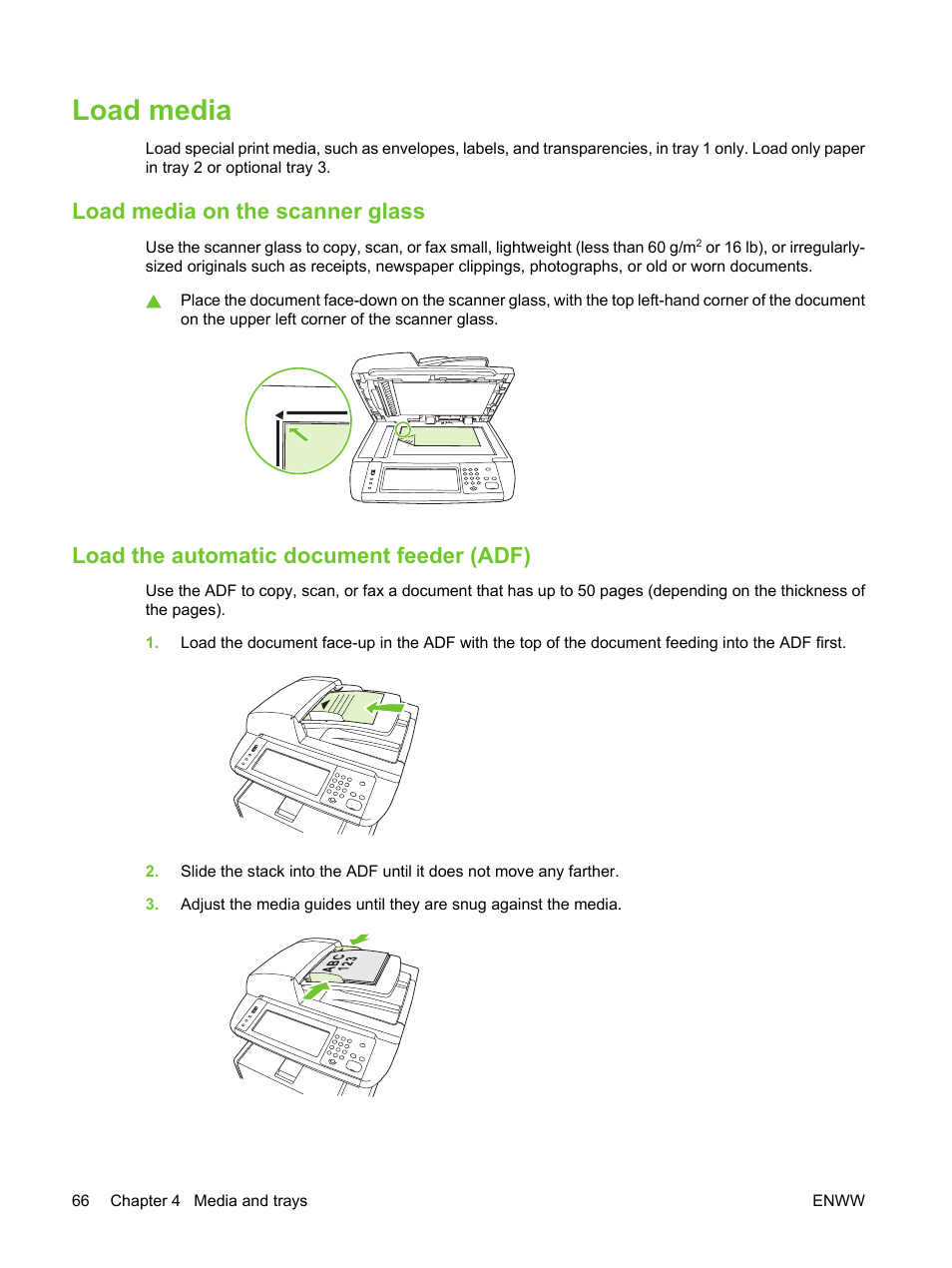 Load media, Load media on the scanner glass, Load the automatic document feeder (adf) | HP LaserJet M3027 Multifunction Printer series User Manual | Page 78 / 270