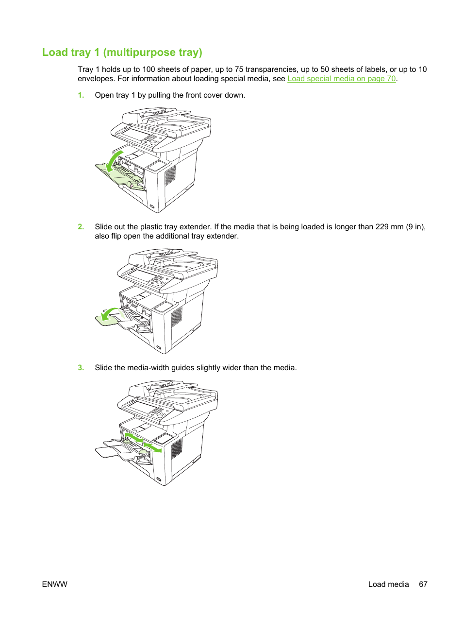 Load tray 1 (multipurpose tray) | HP LaserJet M3027 Multifunction Printer series User Manual | Page 79 / 270