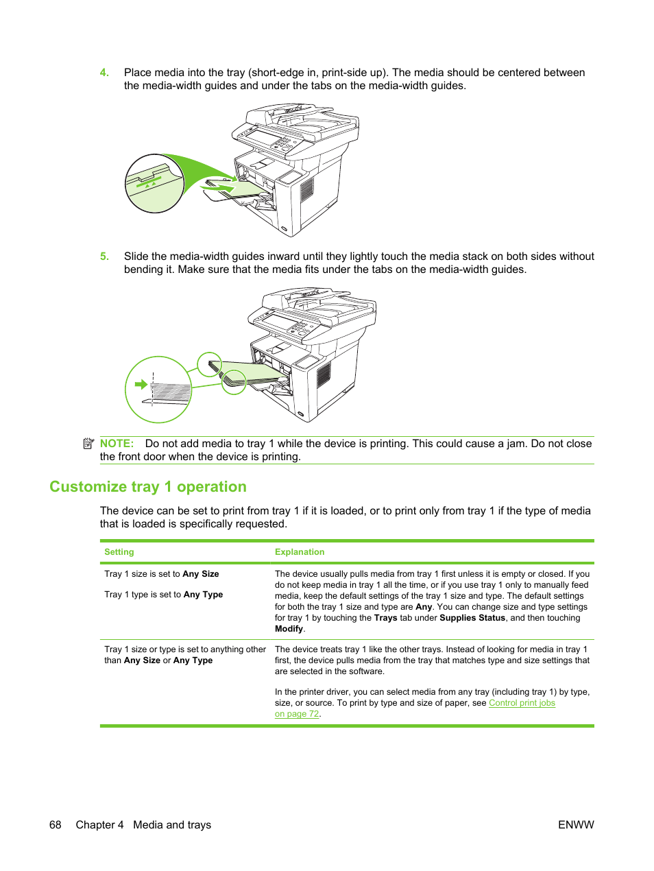 Customize tray 1 operation | HP LaserJet M3027 Multifunction Printer series User Manual | Page 80 / 270