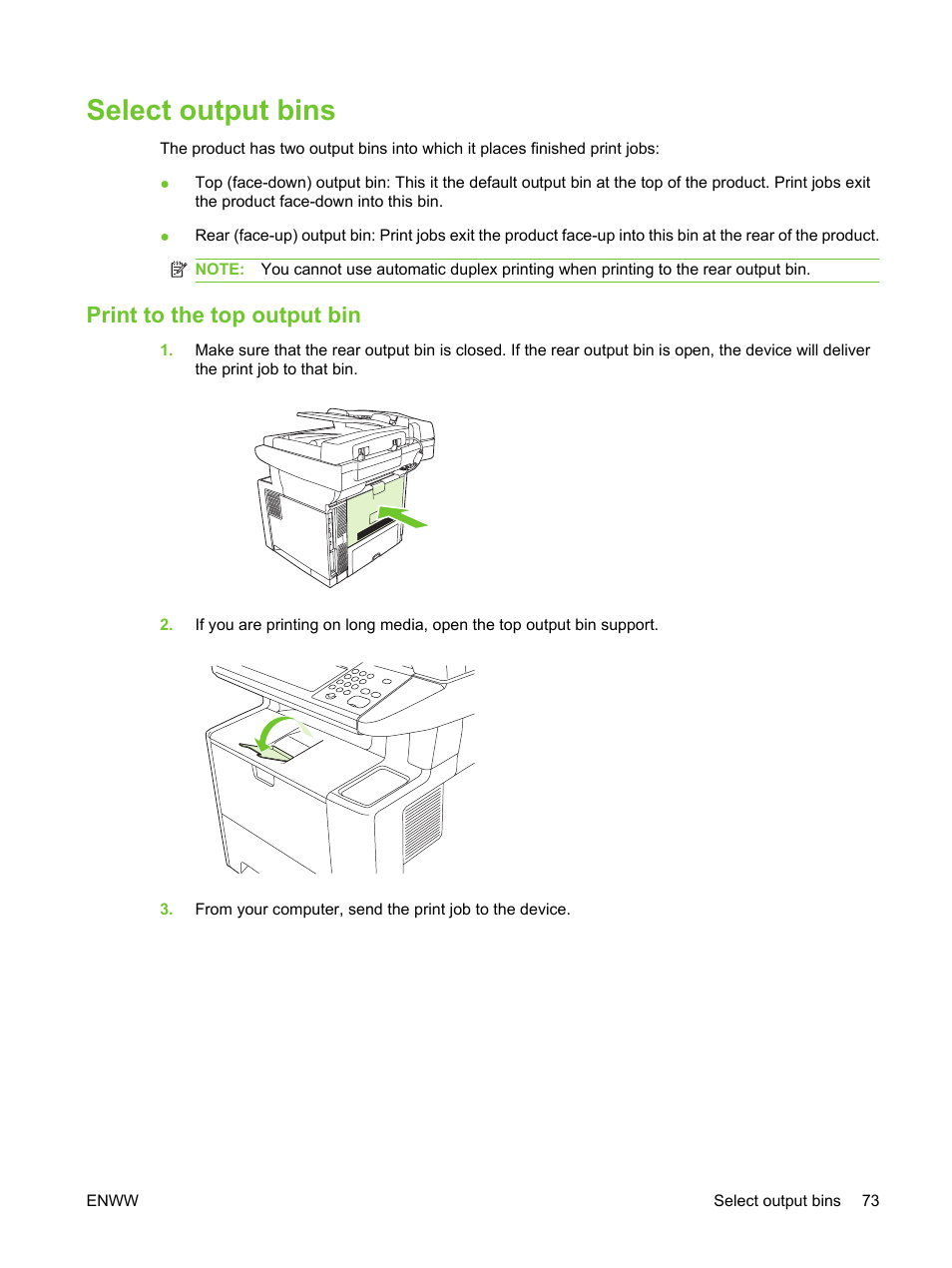 Select output bins, Print to the top output bin | HP LaserJet M3027 Multifunction Printer series User Manual | Page 85 / 270
