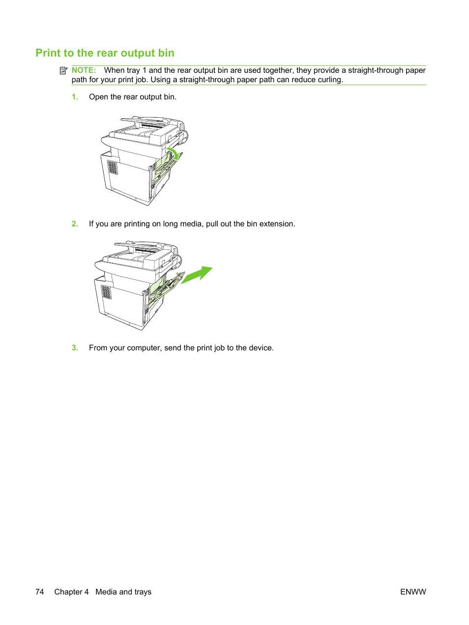 Print to the rear output bin | HP LaserJet M3027 Multifunction Printer series User Manual | Page 86 / 270