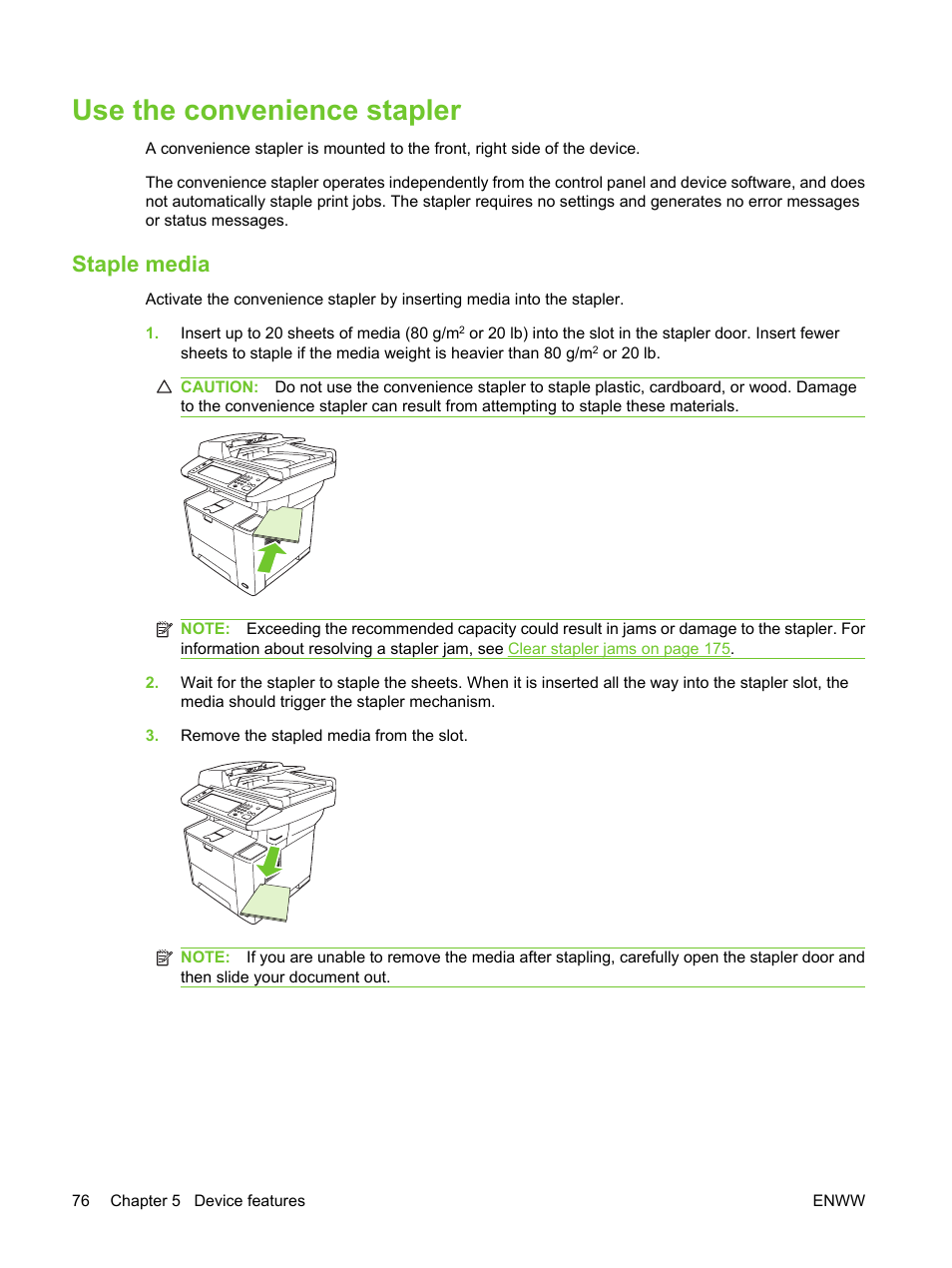 Use the convenience stapler, Staple media | HP LaserJet M3027 Multifunction Printer series User Manual | Page 88 / 270