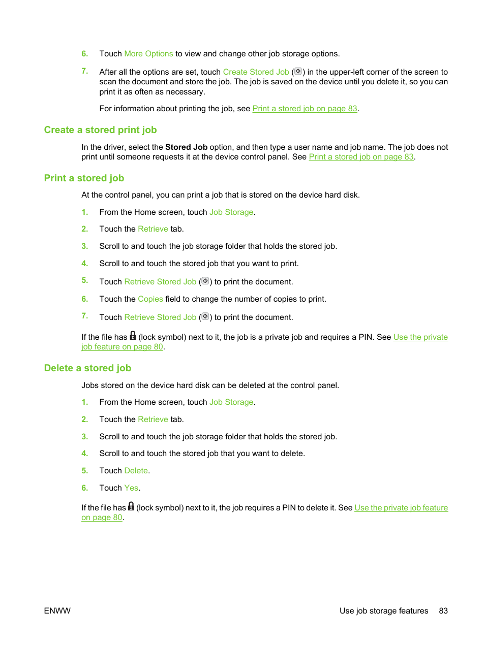 Create a stored print job, Print a stored job, Delete a stored job | HP LaserJet M3027 Multifunction Printer series User Manual | Page 95 / 270