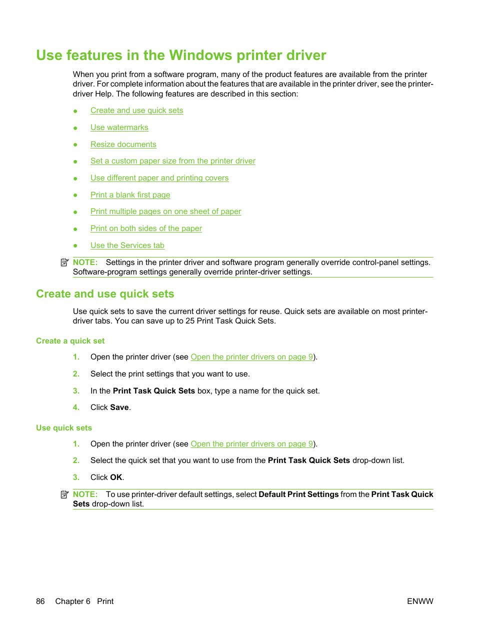 Use features in the windows printer driver, Create and use quick sets | HP LaserJet M3027 Multifunction Printer series User Manual | Page 98 / 270