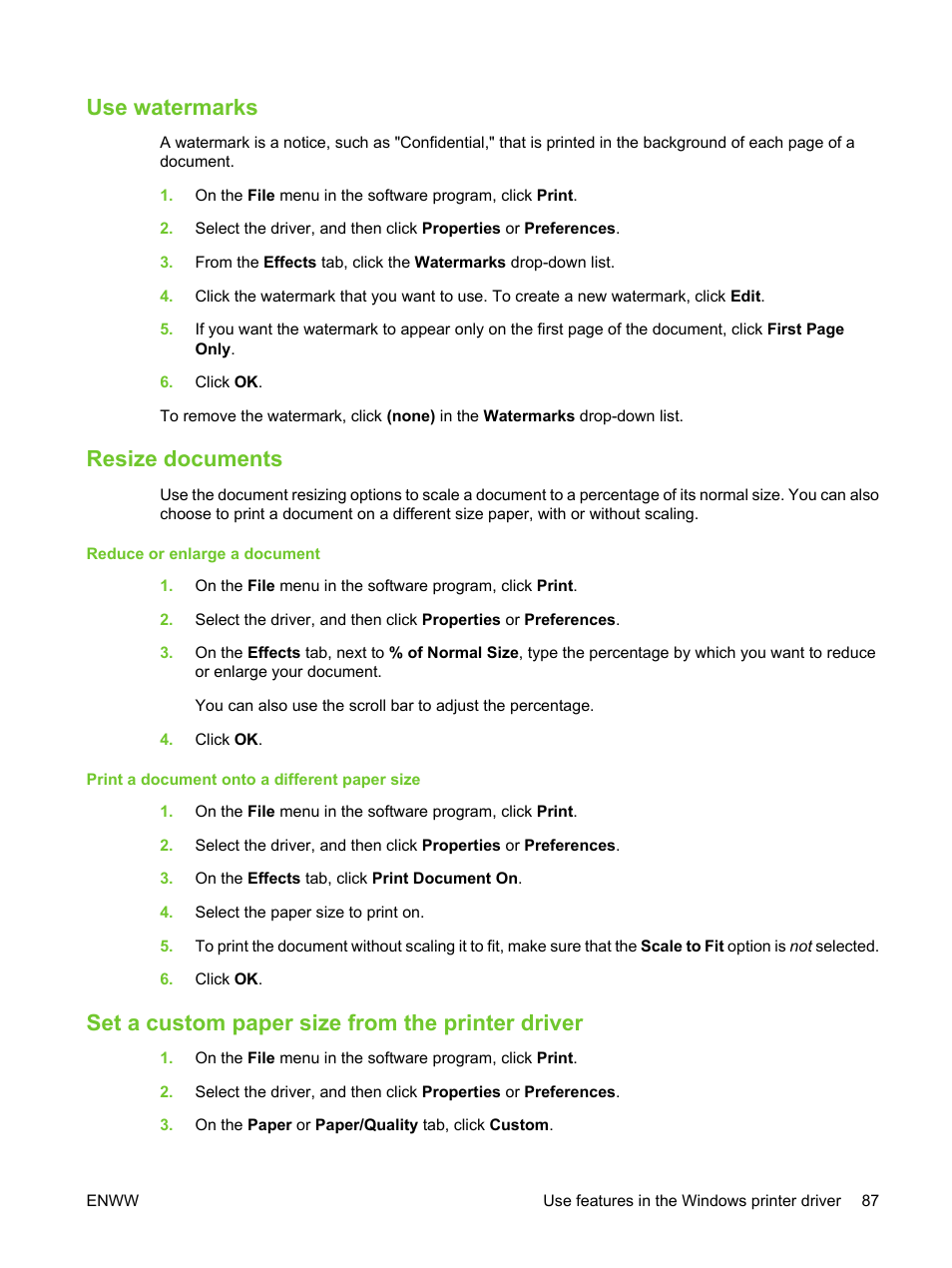Use watermarks, Resize documents, Set a custom paper size from the printer driver | HP LaserJet M3027 Multifunction Printer series User Manual | Page 99 / 270