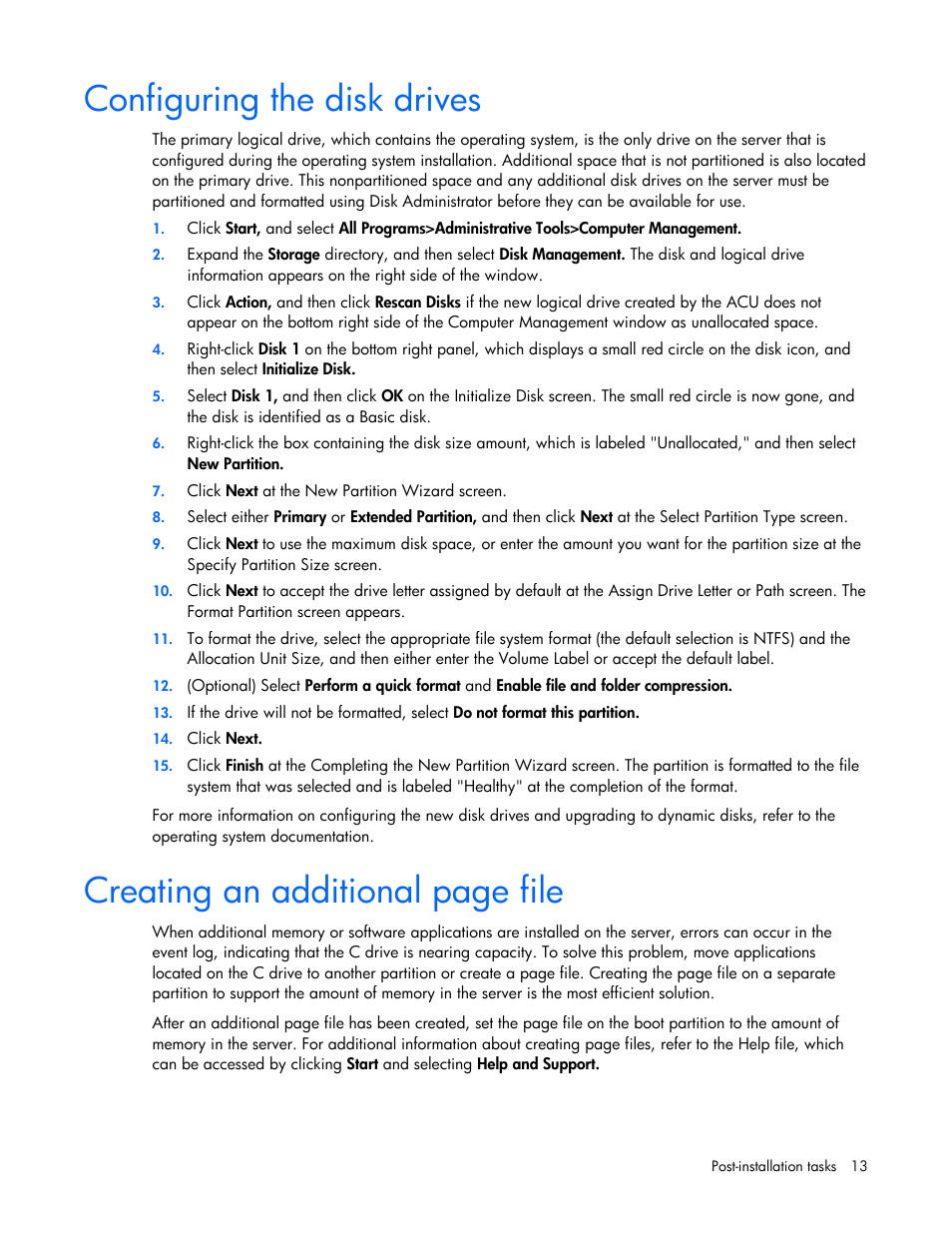 Configuring the disk drives, Creating an additional page file | HP ProLiant ML370 G4 Server User Manual | Page 13 / 18