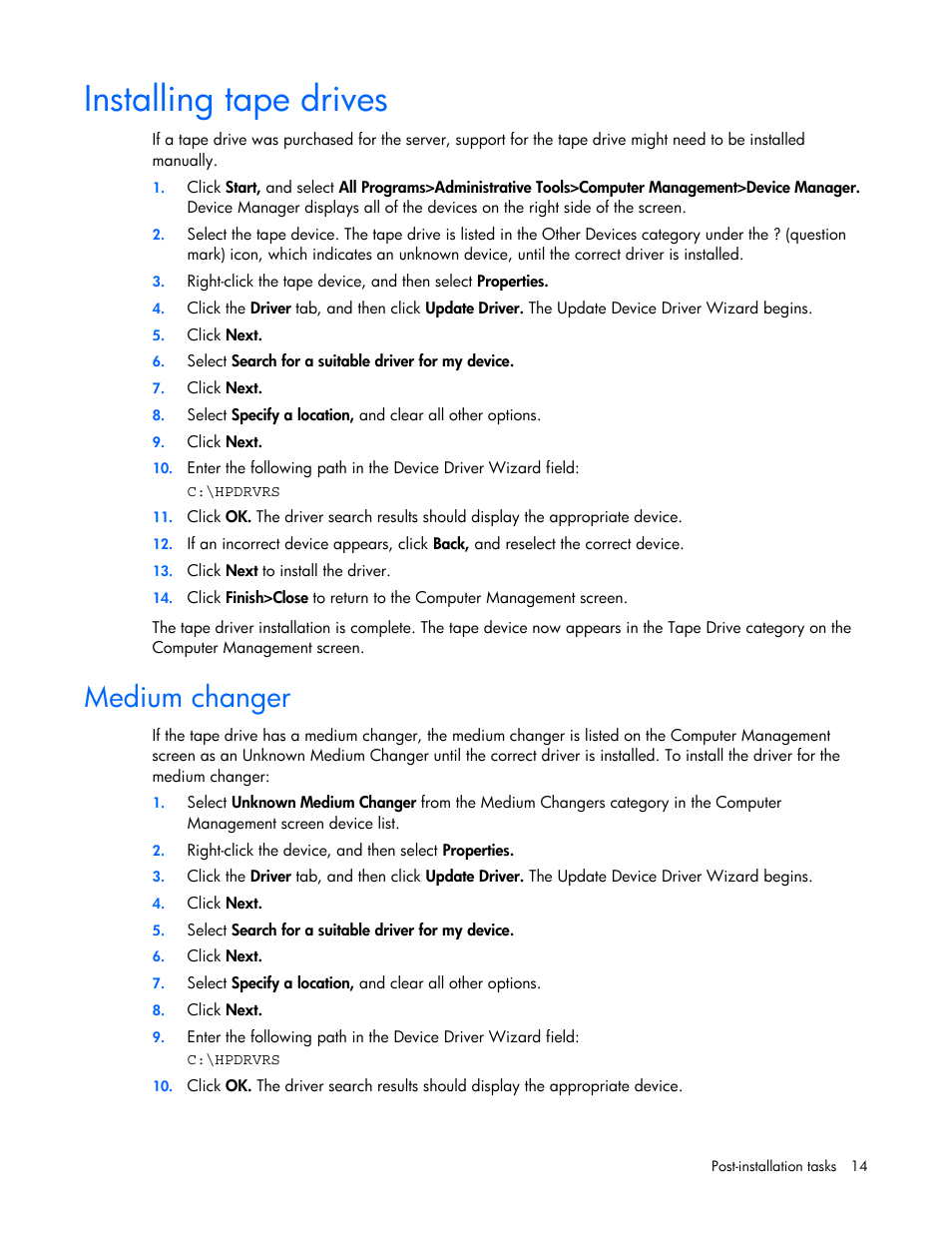 Installing tape drives, Medium changer | HP ProLiant ML370 G4 Server User Manual | Page 14 / 18