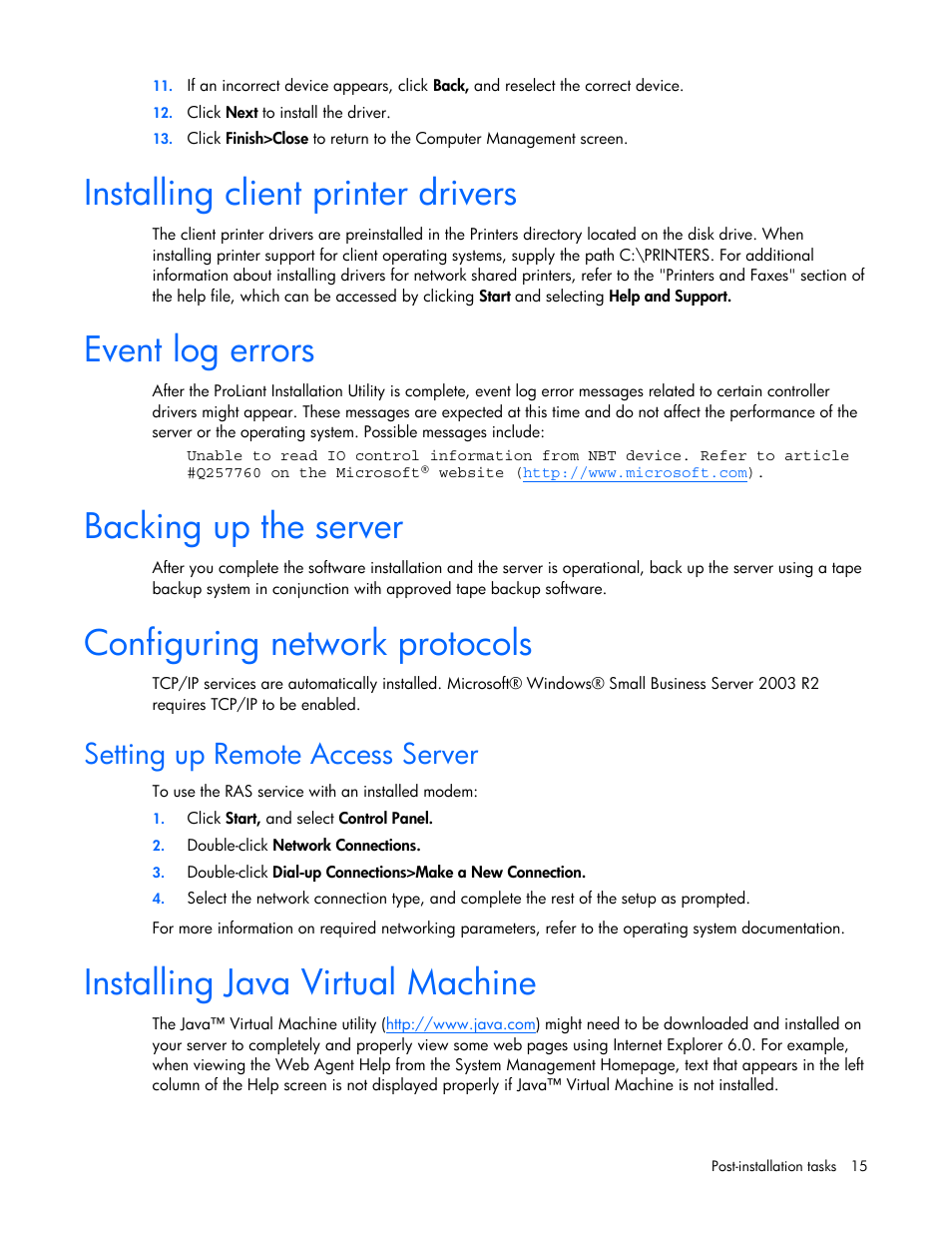 Installing client printer drivers, Event log errors, Backing up the server | Configuring network protocols, Setting up remote access server, Installing java virtual machine | HP ProLiant ML370 G4 Server User Manual | Page 15 / 18