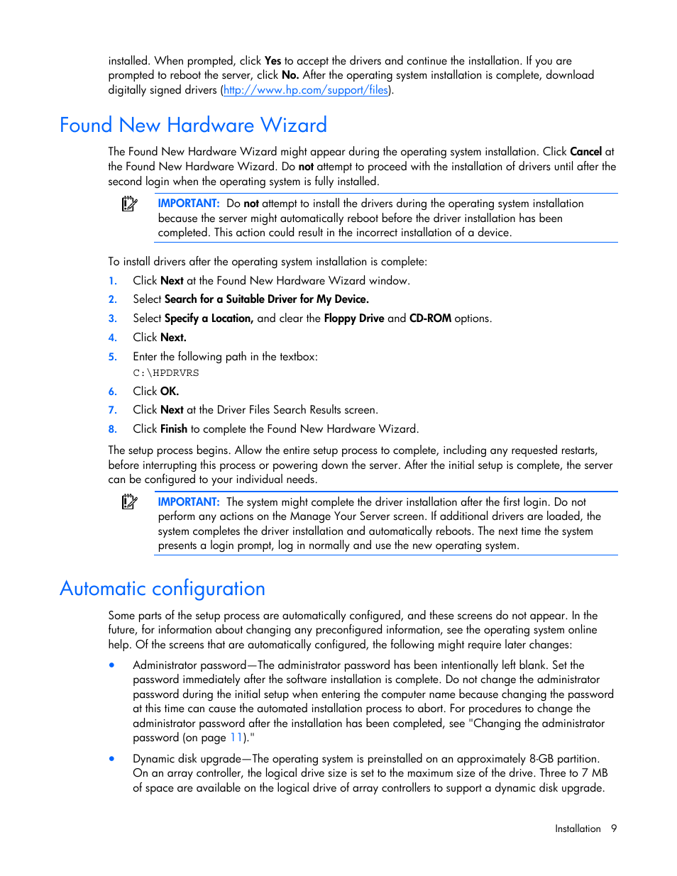 Found new hardware wizard, Automatic configuration | HP ProLiant ML370 G4 Server User Manual | Page 9 / 18