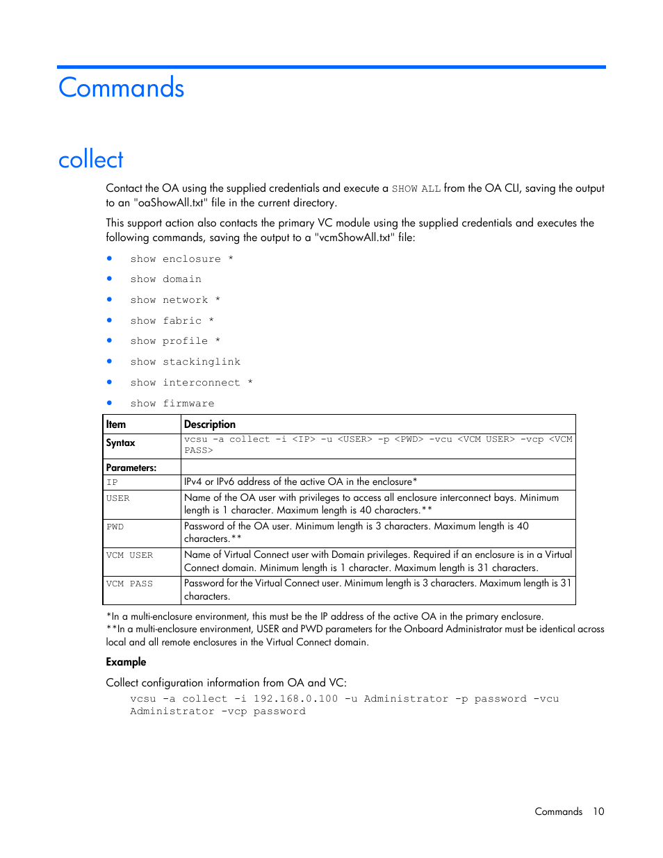Commands, Collect | HP Virtual Connect 8Gb 20-port Fibre Channel Module for c-Class BladeSystem User Manual | Page 10 / 31