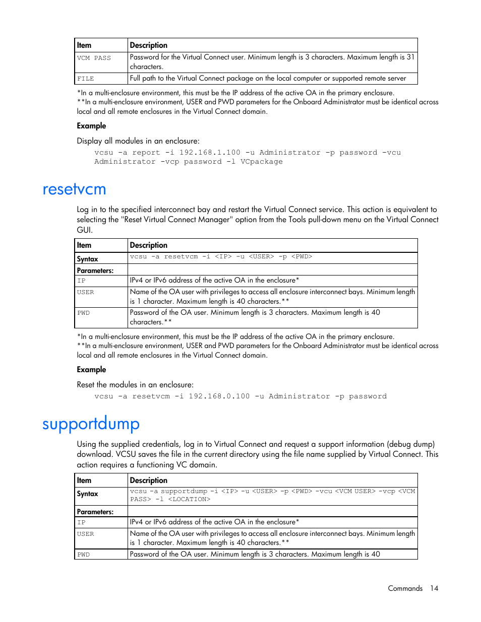 Resetvcm, Supportdump | HP Virtual Connect 8Gb 20-port Fibre Channel Module for c-Class BladeSystem User Manual | Page 14 / 31