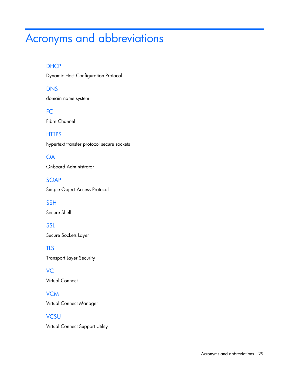 Acronyms and abbreviations | HP Virtual Connect 8Gb 20-port Fibre Channel Module for c-Class BladeSystem User Manual | Page 29 / 31