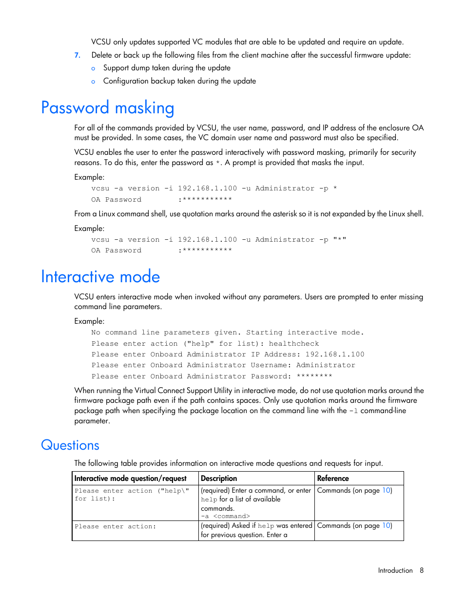Password masking, Interactive mode, Questions | HP Virtual Connect 8Gb 20-port Fibre Channel Module for c-Class BladeSystem User Manual | Page 8 / 31