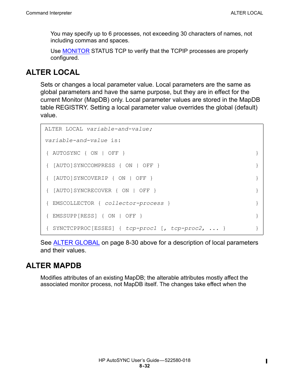 Alter local, Alter mapdb | HP Integrity NonStop J-Series User Manual | Page 126 / 266