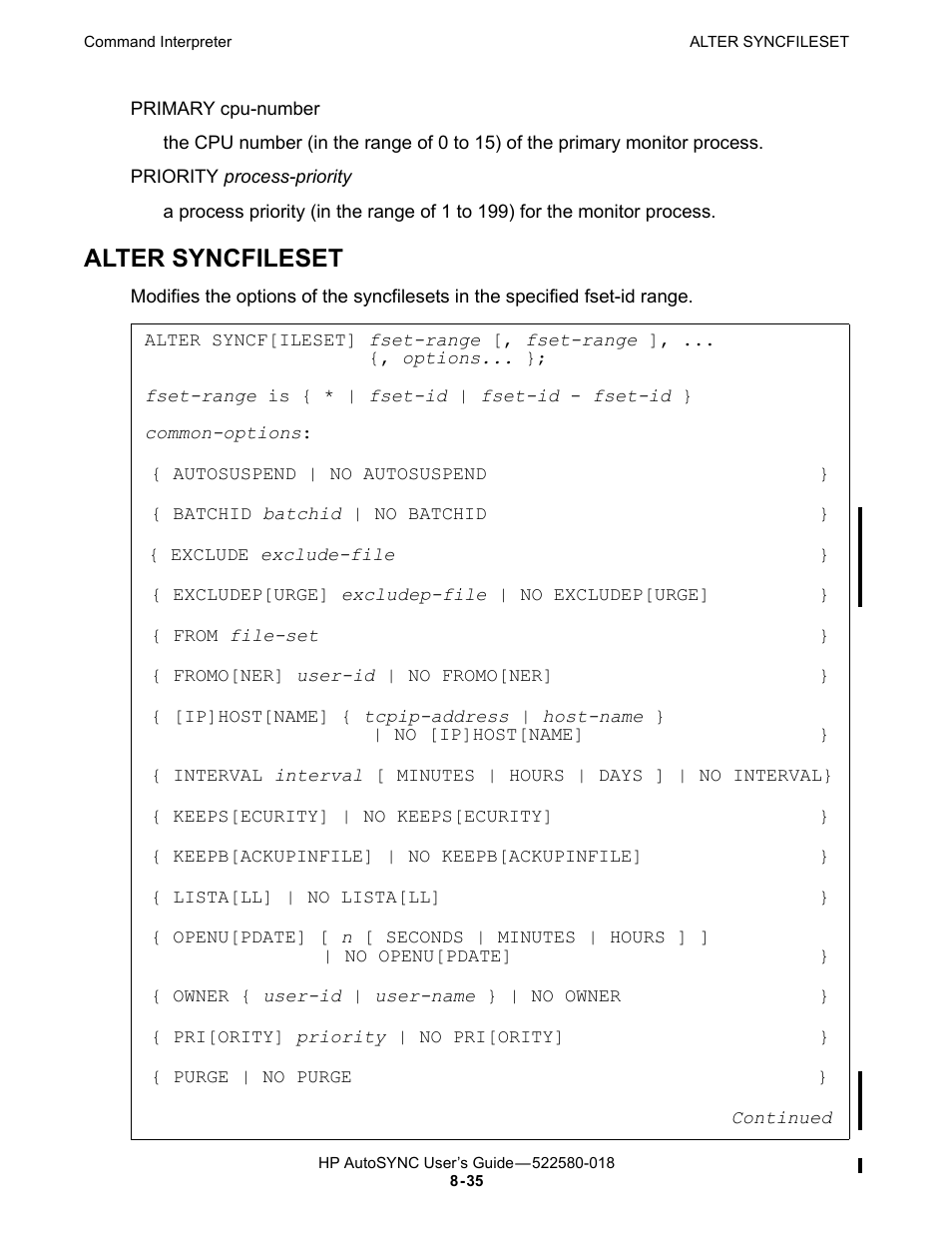 Alter syncfileset, Alter, Syncfileset | Command option, Commands, For a description of | HP Integrity NonStop J-Series User Manual | Page 129 / 266