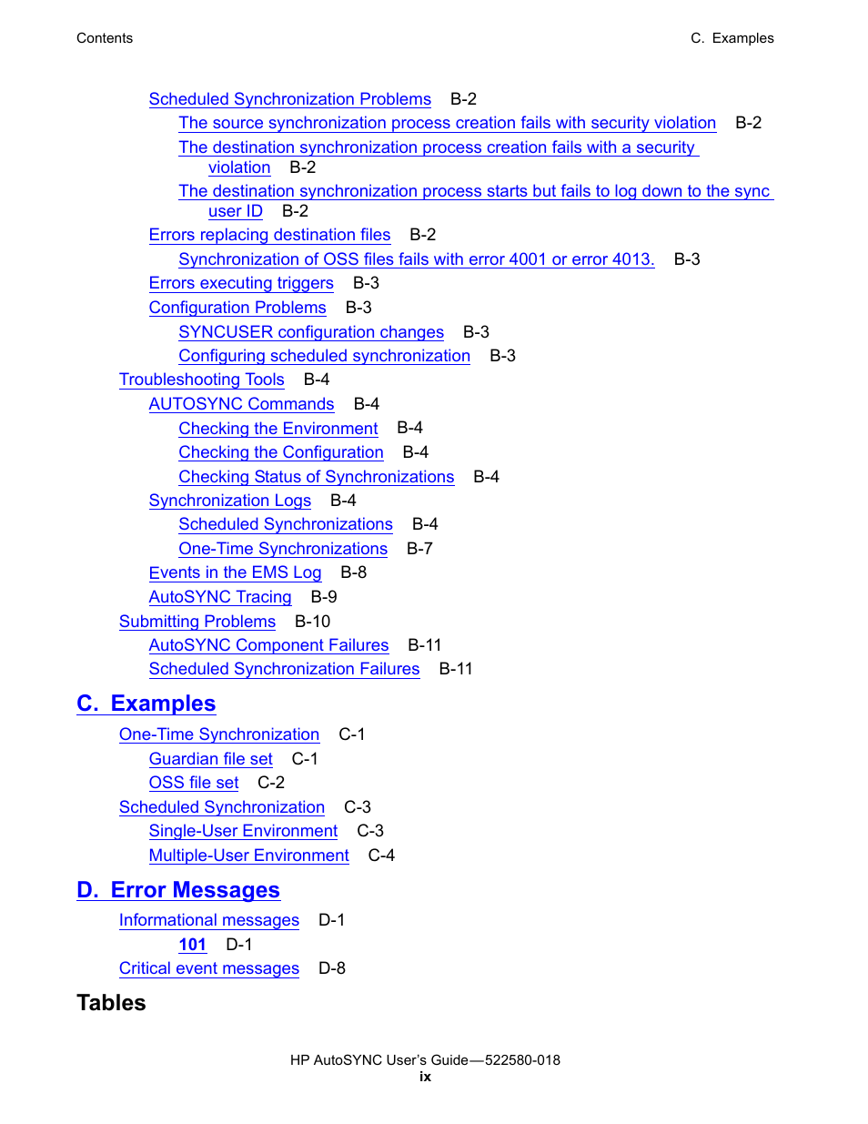 Tables, C. examples, D. error messages | HP Integrity NonStop J-Series User Manual | Page 13 / 266