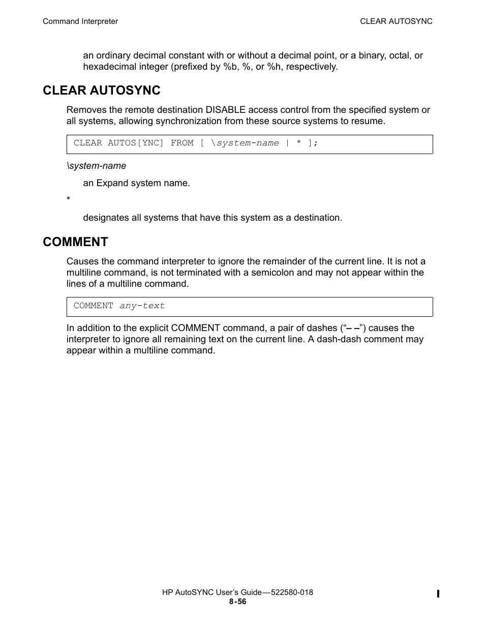 Clear autosync, Comment | HP Integrity NonStop J-Series User Manual | Page 150 / 266