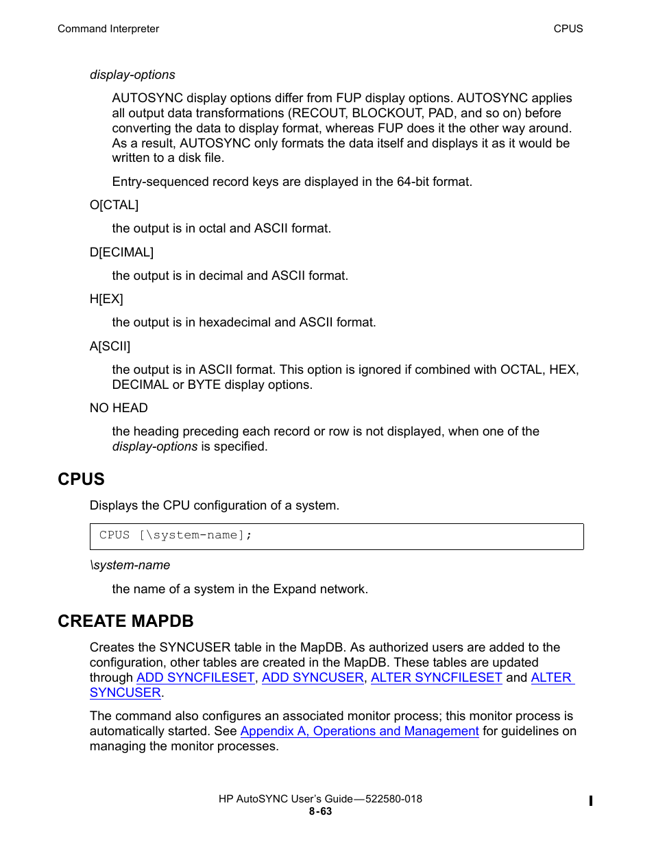 Cpus, Create mapdb | HP Integrity NonStop J-Series User Manual | Page 157 / 266