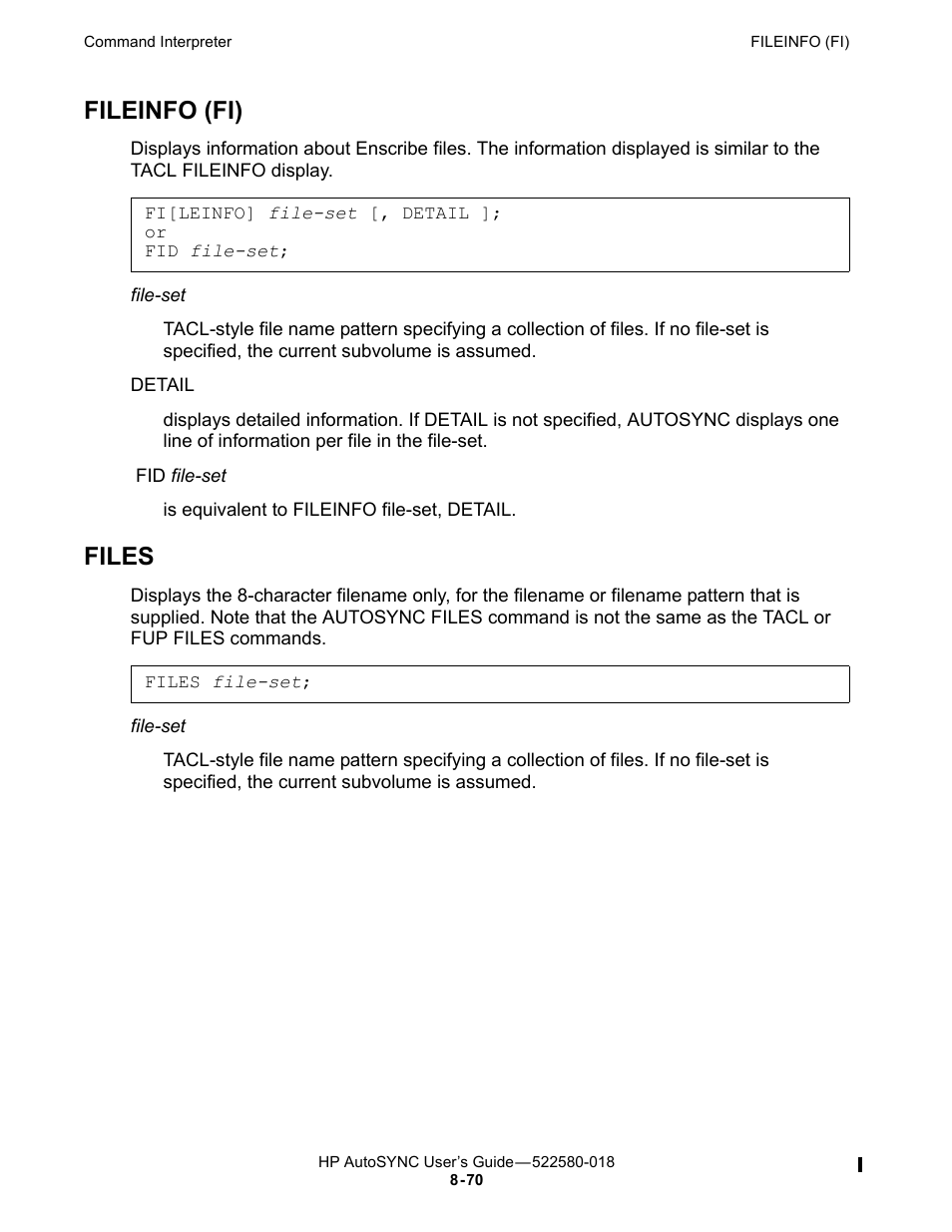 Fileinfo (fi), Files | HP Integrity NonStop J-Series User Manual | Page 164 / 266