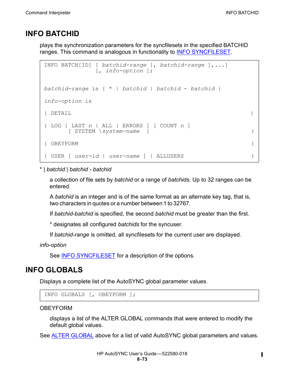 Info batchid, Info globals, Or info | HP Integrity NonStop J-Series User Manual | Page 167 / 266