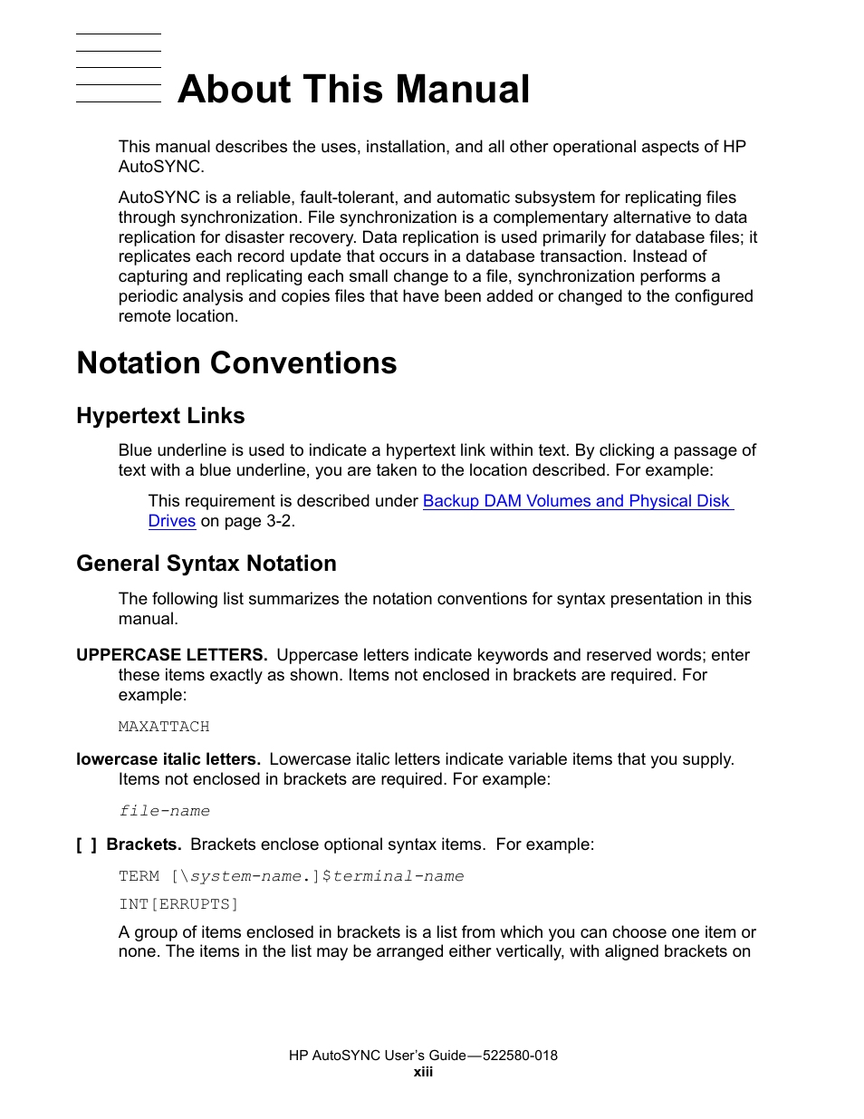 About this manual, Notation conventions, Hypertext links | General syntax notation | HP Integrity NonStop J-Series User Manual | Page 17 / 266
