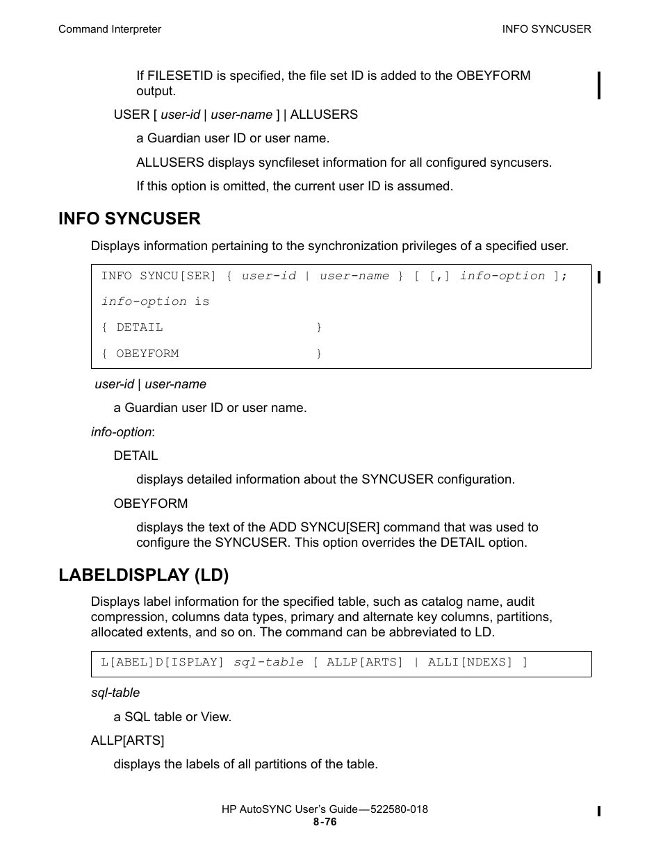 Info syncuser, Labeldisplay (ld), No longer require | HP Integrity NonStop J-Series User Manual | Page 170 / 266