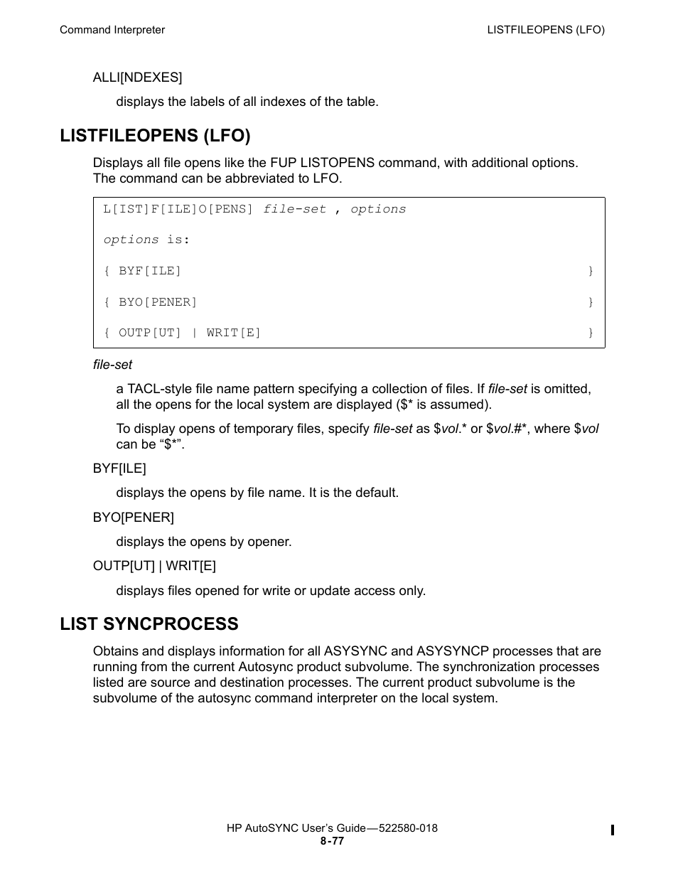 Listfileopens (lfo), List syncprocess | HP Integrity NonStop J-Series User Manual | Page 171 / 266