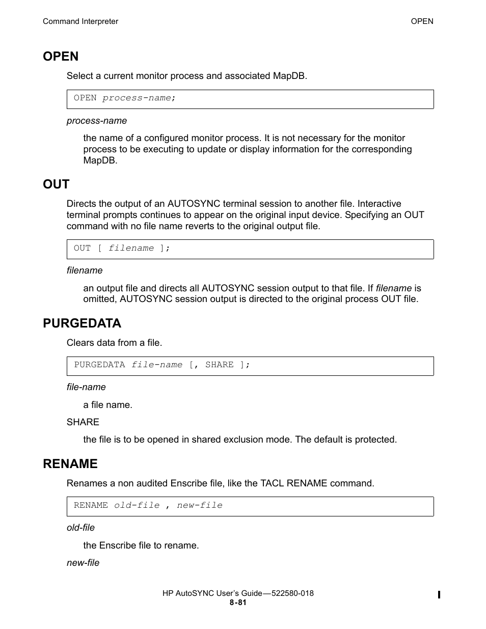 Open, Purgedata, Rename | HP Integrity NonStop J-Series User Manual | Page 175 / 266