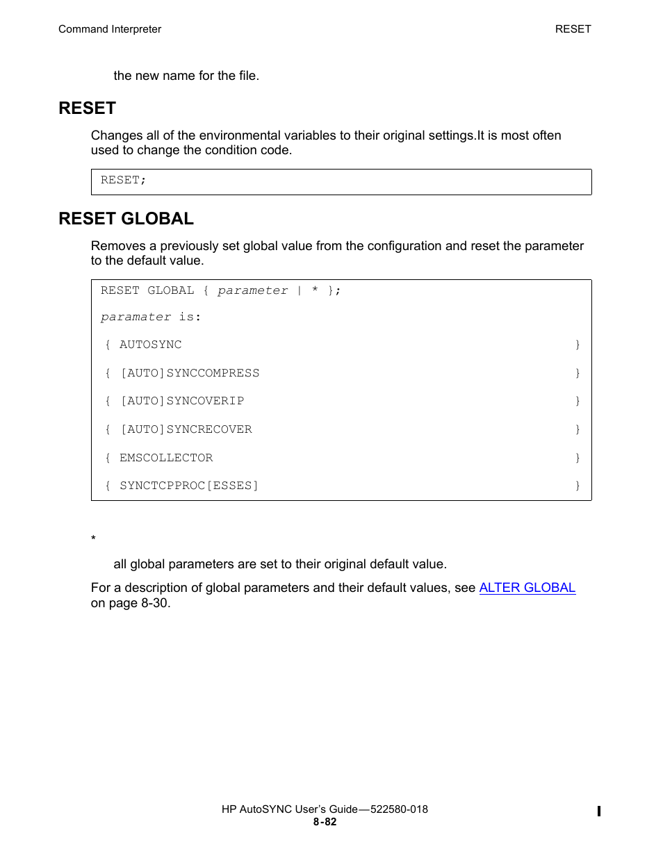 Reset, Reset global, Command. the | Command restores the comp | HP Integrity NonStop J-Series User Manual | Page 176 / 266