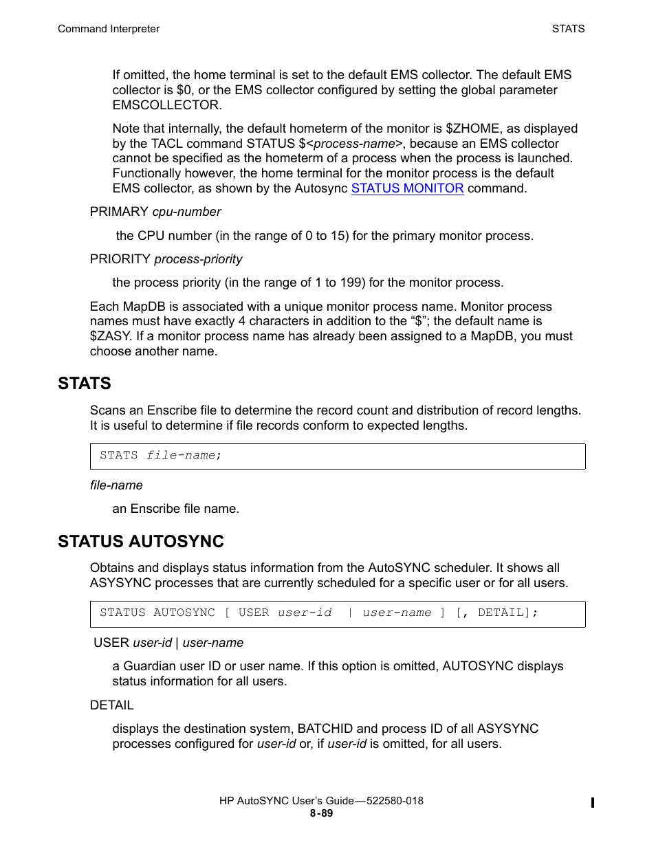 Stats, Status autosync, Status | Autosync | HP Integrity NonStop J-Series User Manual | Page 183 / 266